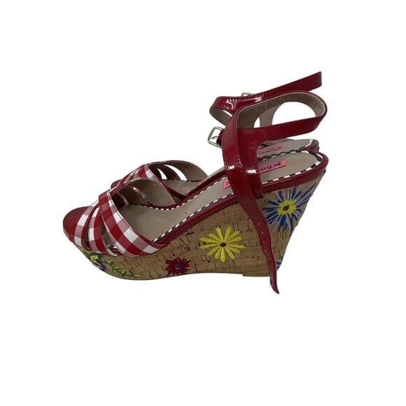 Betsey Johnson Traci Platform Wedge Sandals Red Multi Gingham Floral - Picture 5 of 8